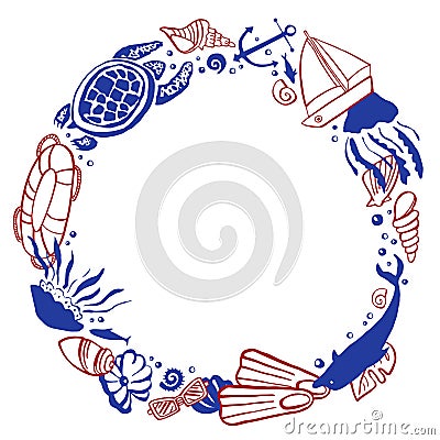 Round frame template with sealife and beach objects. Vector outline hand drawn illustration red and blue Vector Illustration